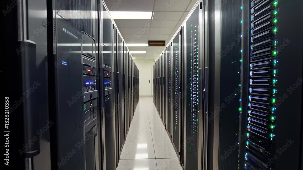 Poster financial data processing in a server room with rows of high-tech servers and blinking lights, finan