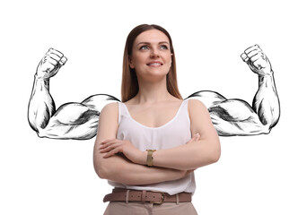 Confident woman with drawing of strong arms behind her on white background