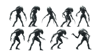 Pack Alien Life Form Set in Different Poses Against Transparent Background for Sci-Fi Concept Art, Video Game Assets, or Futuristic Design Projects
