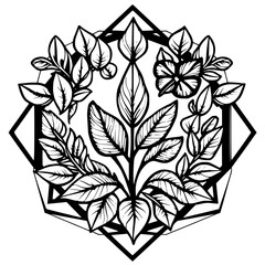 Intricate Black and White Botanical Mandala with a Central Stem and Leafy Elements Enclosed within Geometric Frame.