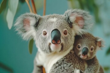 Naklejka premium Adorable Mother Koala Carrying Baby on Her Back.