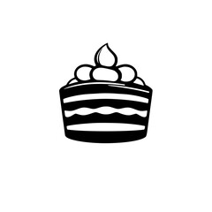 A minimalist black and white illustration of a multi-layered cake with cream and a single flame-like decoration.