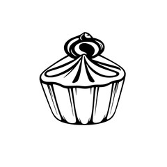 Simple black and white line art illustration of a cupcake, featuring detailed frosting swirls and elegant stylized design elements.