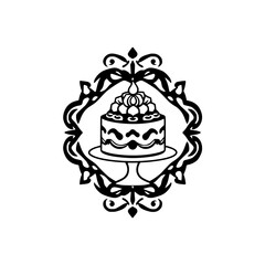 Elegant Black and White Cake Illustration Inside a Decorative Ornate Frame, Suggesting Celebration and Vintage Aesthetic.