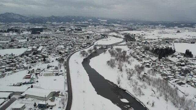 4Kドローン空撮・青森県の冬・雪景色・弘前市和田町