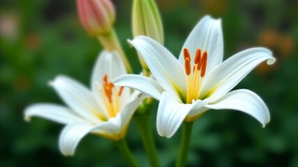 two white lilies close-up on a green blurred background