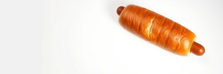 Hot dog wrapped in croissant on white background