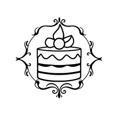 Elegant Black and White Cake Illustration Inside Decorative Frame, Minimalist Bakery Logo Design.