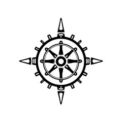 Obraz premium Intricate, Symmetrical Black and White Design Featuring a Compass Rose with a Gear-Like Outer Ring and Central Steering Wheel Motif