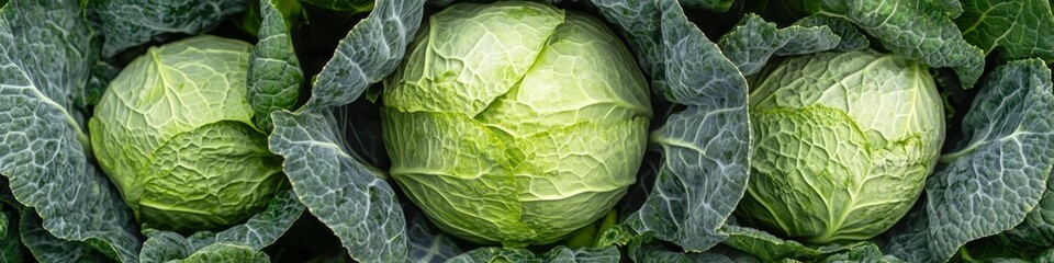 Obraz premium Three Fresh Savoy Cabbages Growing with Lush, Green, Wrinkled Leaves in a Garden, Vegetable Patch