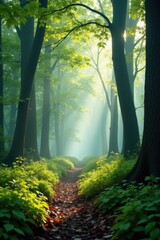Fototapeta premium Misty morning in beech forest, delicate new leaves unfurling , magical, mystical, calm