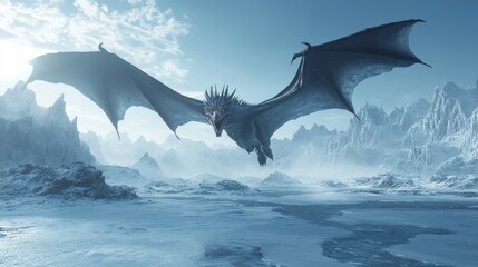 Fototapeta premium Majestic ice dragon soaring over snowy mountain landscape in fantasy scene