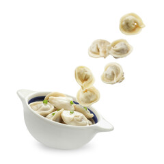Tasty boiled dumplings (pelmeni) falling into bowl against white background
