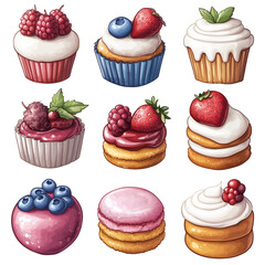 Set of colorful cupcakes, cakes and macarons decorated with raspberries, blueberries and strawberries