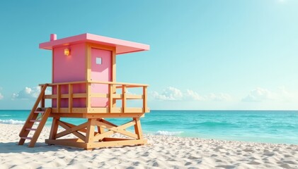 Modern minimalist lifeguard station, sleek design, ocean backdrop, image, contemporary, seashore