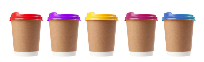 Many paper takeaway cups on white background, set