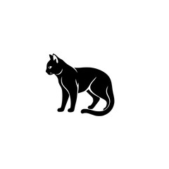 Stylized Black Cat Silhouette on White: Side Profile, Graceful Posture, Minimalist Vector Graphic with Shadow Detailing.
