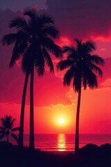 Obraz premium Monochrome palm trees silhouetted against vibrant sunrise/sunset , tropical plants, serene