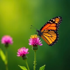 Monarch butterfly wings spread wide, nectaring on vibrant milkweed bloom , butterfly wing, black