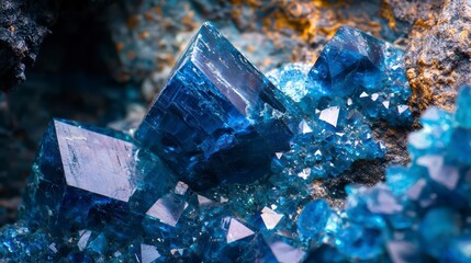Crystalline Brilliance: A captivating composition showcasing vibrant, precisely cut blue crystals nestled within a dark, textured cavern, an immersive celebration of geologic wonders.
