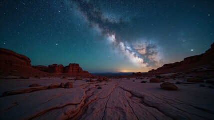 A vast rocky desert plateau beneath a starry night sky, the Milky Way stretching in a luminous arc, casting a mystical glow over the rugged terrain.