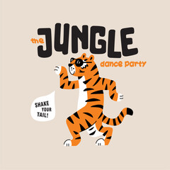 The Jungle dance party Tiger hand drawn illustration 