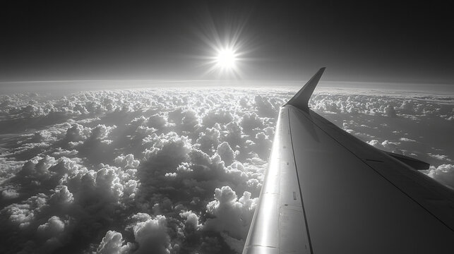 black and white clouds view with sun from airplane