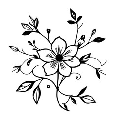 Intricate Black and White Floral Illustration with Detailed Petals, Leaves, Buds, and Curling Vines, Featuring a Central Flower.