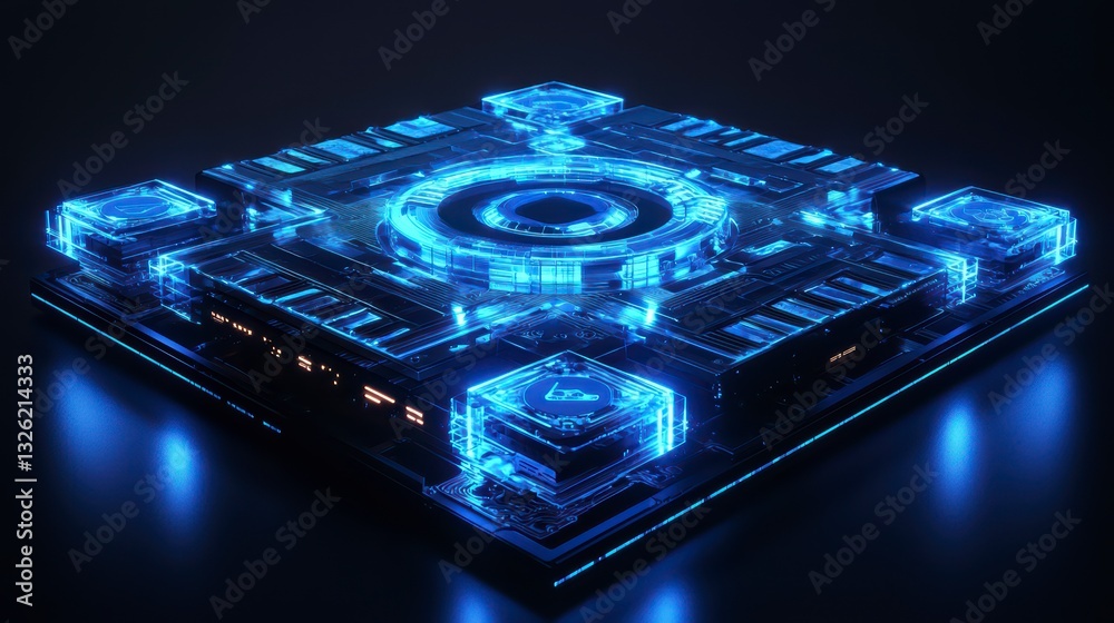 Poster digital quantum processor: a futuristic depiction of a quantum processor illuminated with glowing bl