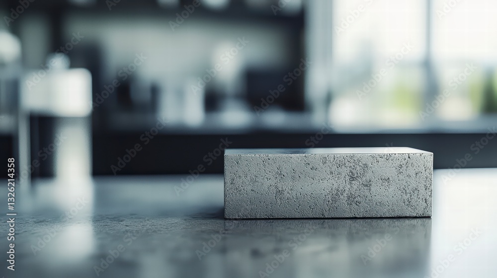 Poster concrete block on table: a minimalistic composition features a rough-hewn concrete block resting on 