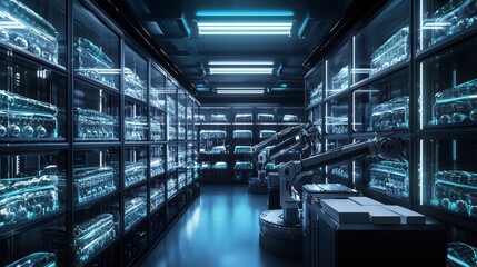 High-Tech Storage Facility: Futuristic storage facility, rows of digital servers, with robotic arms, creating a sense of innovation, artificial intelligence.