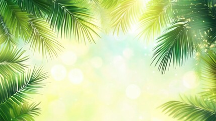 Fototapeta premium Tropical Palm Leaves Frame with Bokeh Lights and Sun Flare, Summer Background.