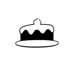 Minimalist black and white image of a layered cake on a plate, decorated with white frosting and a single icing swirl.