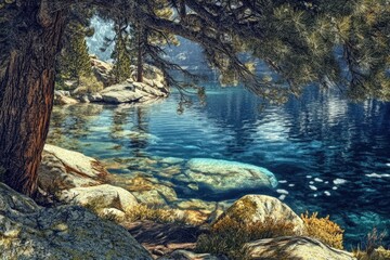 Big Bear Lake California. Scenic Lake View with Rocks and Trees in California Forest