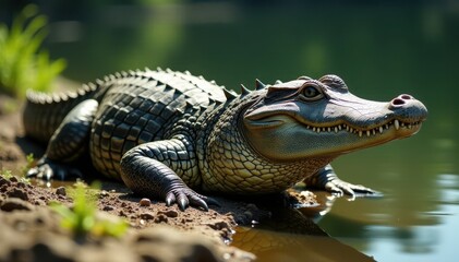 Obraz premium Massive alligator sunning on riverbank, textured skin, copy space, environment, ecosystem