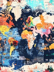 Abstract world map with vibrant pixelated effect in blue and colorful hues representing global concept