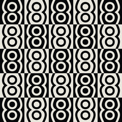 Naklejka premium Geometric seamless mid-century circles pattern in black and white. Graphical illustration for a unique textiles and home décor.