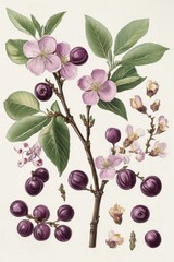 Illustration of Prunus laurocerasus showcasing different parts of the plant and its characteristics
