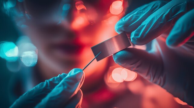 Precision in Science: A focused scientist meticulously handles a delicate metal sample with gloved hands in a laboratory, reflecting expertise and scientific precision.
