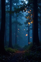 Obraz premium Night forest, bokeh lights illuminating branches, autumn, twigs