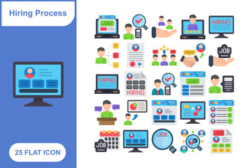 Hiring Process Flat Icon Set, Collection of 25 Hiring Process Flat Icon Set – 25 Recruitment, Interview, and HR Icons