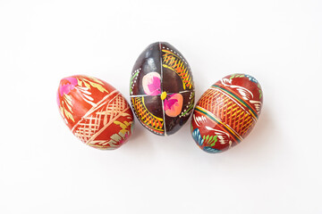 Very old polish hand-painted wooden Easter eggs.on white background