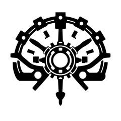 Obraz premium Abstract Mechanical Symbol: Symmetrical black and white design featuring gears, cogwheels, a central circle, and radial arm elements on a clean background.