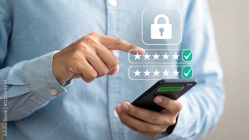 Poster securing digital realm: a person interacts with a smartphone interface displaying security features,