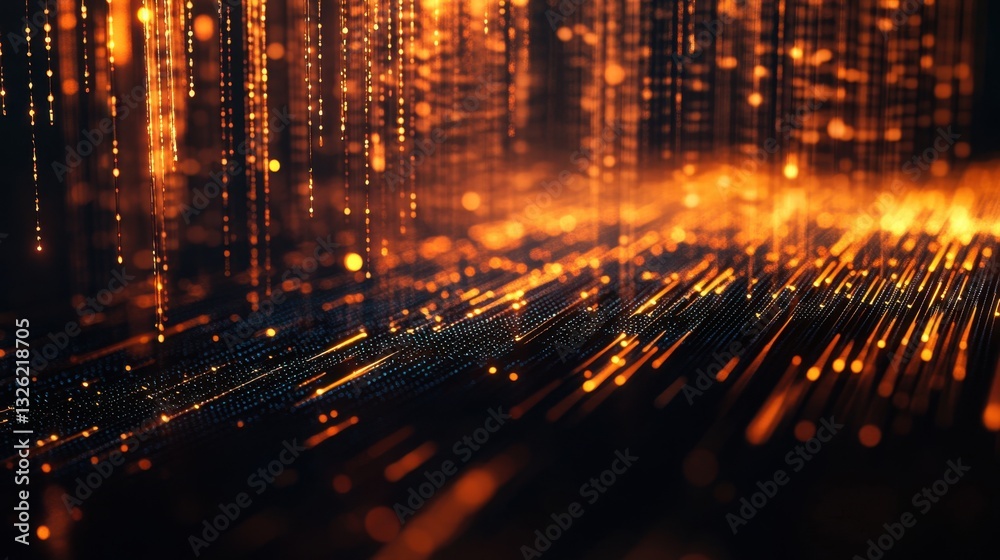 Poster abstract golden glowing particle streams with digital data grid background for technology and innova