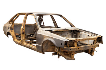 Rusty Abandoned Car Frame in a Scrap Yard isolated on white background as transparent PNG. GENERATIVE AI
