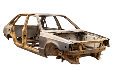 Rusty Abandoned Car Frame in a Scrap Yard isolated on white background as transparent PNG. GENERATIVE AI