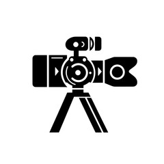 Obraz premium High-resolution video camera icon on a tripod, representing professional cinematography, video production, media broadcasting, and digital content creation.