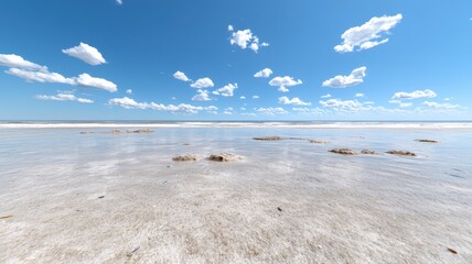 Tranquil flat salt lake under a clear blue sky with scattered white clouds on a sunny day.