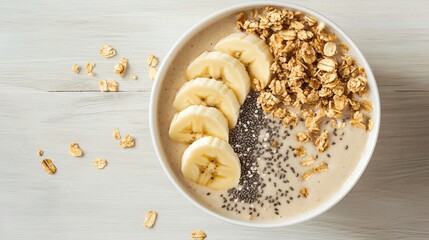 Fototapeta premium Healthy Organic Smoothie Bowl with Granola, Sliced Bananas, and Chia Seeds in a Minimalist White Bowl on Light Wooden Surface